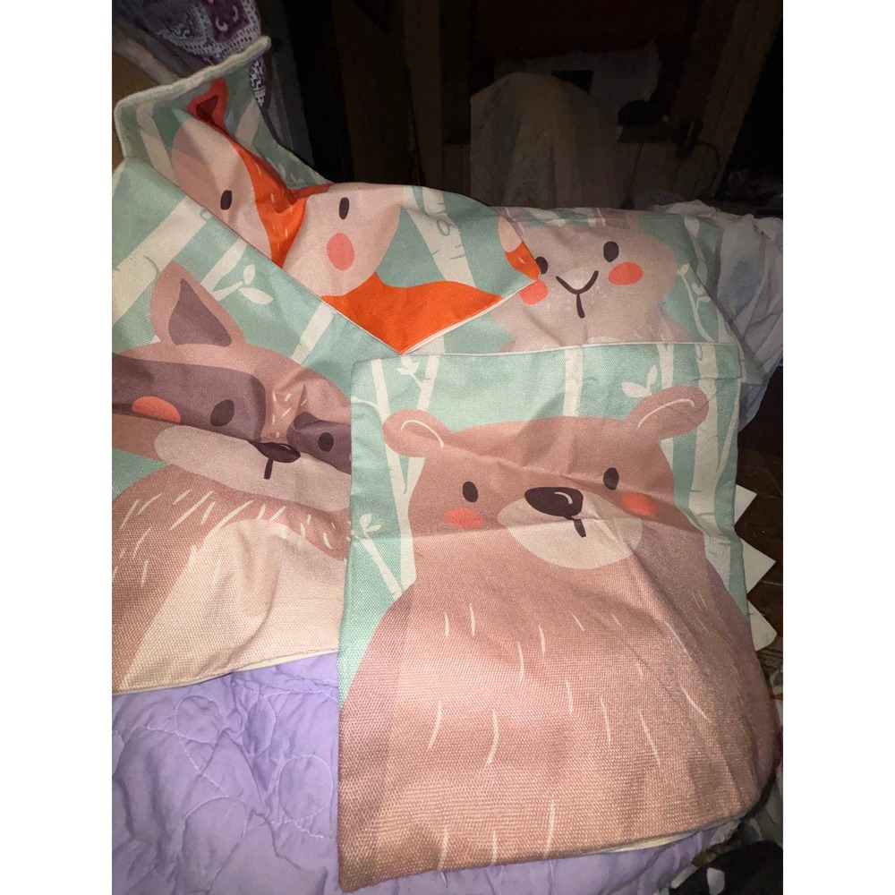 Woodland Animal Pillow Covers Set of 4 Bear Fox Raccoon Bunny 16x16 Nursery type